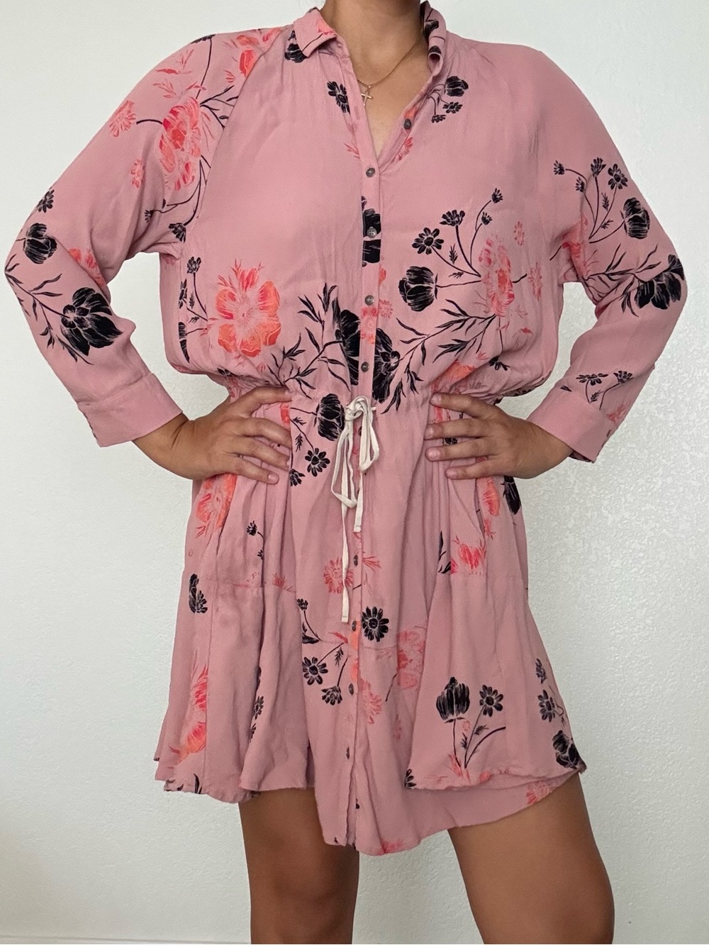 Free People Pink Floral Button-Front Mini Dress
